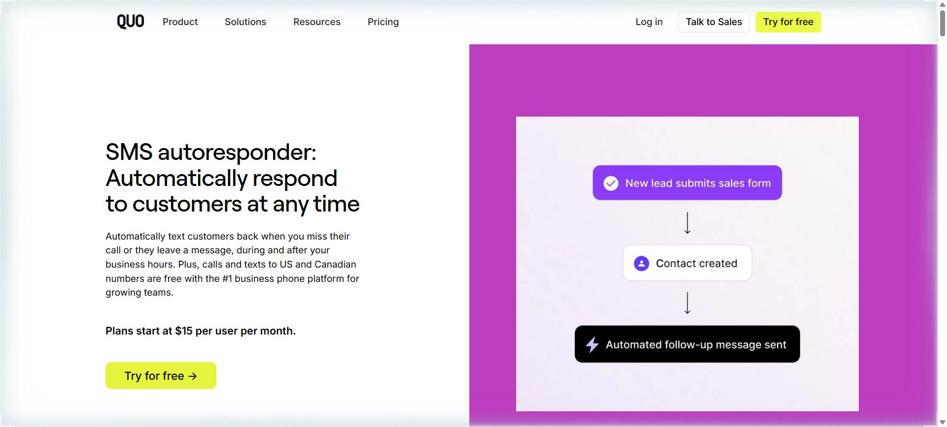 OpenPhone (now Quo) SMS autoresponder feature page showing missed call auto-reply options for business hours and after hours
