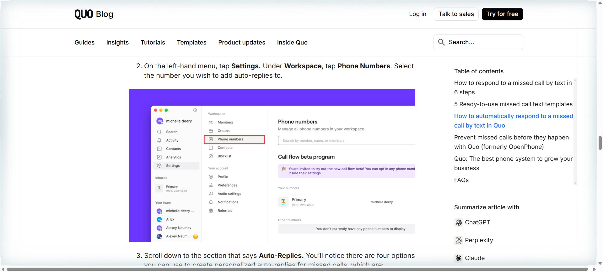 OpenPhone settings navigation showing Settings menu with Phone Numbers selection under Workspace section