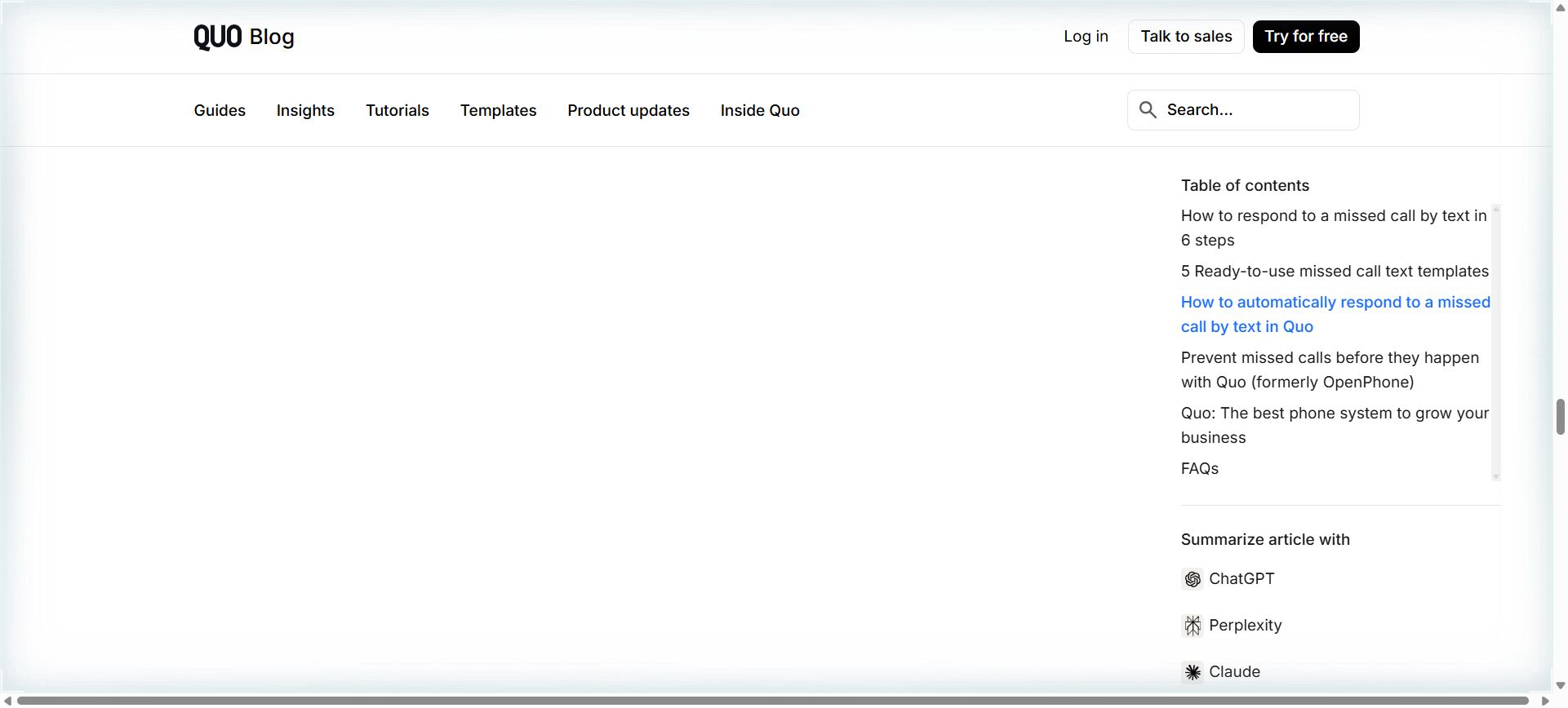 OpenPhone Auto-Replies section with four text input boxes for missed calls during and after business hours