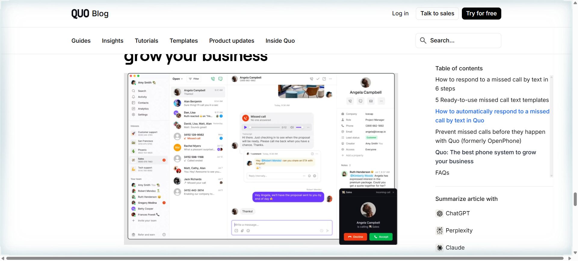 Quo (formerly OpenPhone) app interface showing the main dashboard with calls, messages, and contacts